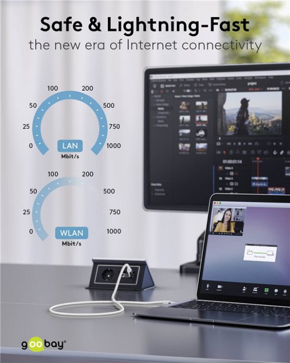 Imagine Cablu de retea USB type C la RJ45 Gigabit Cat.6 Slim 15m brodat Alb, Goobay G74392